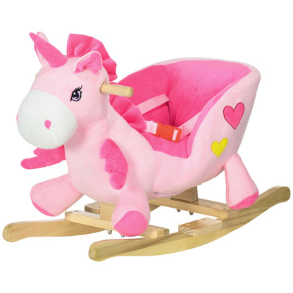 Qaba Baby Rocking Horse, Ride on Unicorn with 32 Songs, Toddler Rocker Toy with Wooden Base Seat Safety Belt for 1.5-3 Year Old, Pink