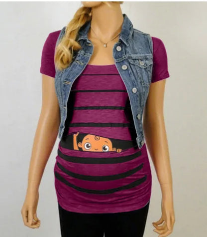 Sweet Cartoon Striped Maternity Summer T-shirt