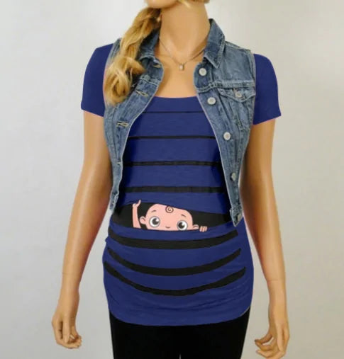 Sweet Cartoon Striped Maternity Summer T-shirt