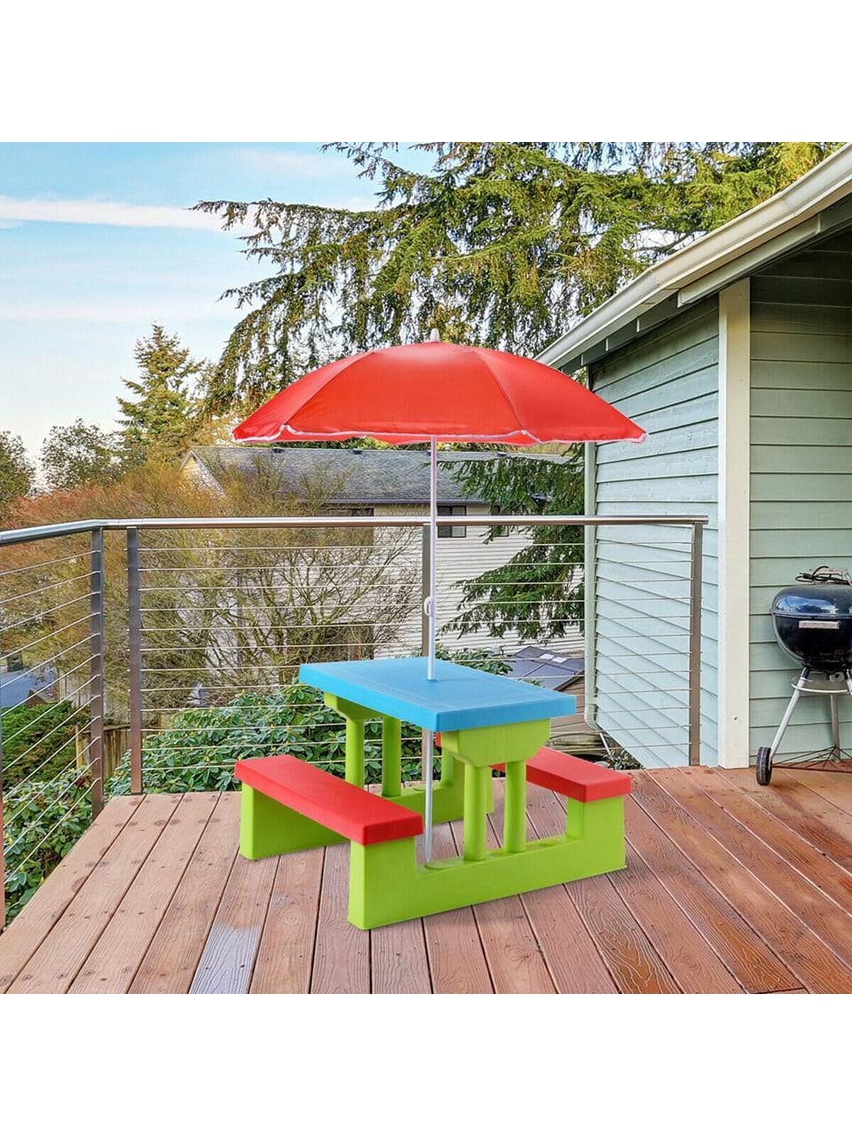 Costway 4 Seat Kids Picnic Table W/Umbrella Garden Yard Folding Children Bench Outdoor