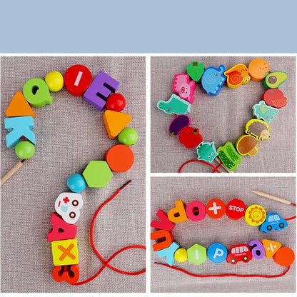 Wooden Toys Cartoon Fruit Animal Stringing Threading