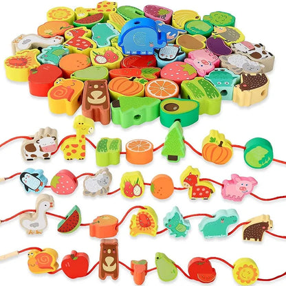 Wooden Toys Cartoon Fruit Animal Stringing Threading