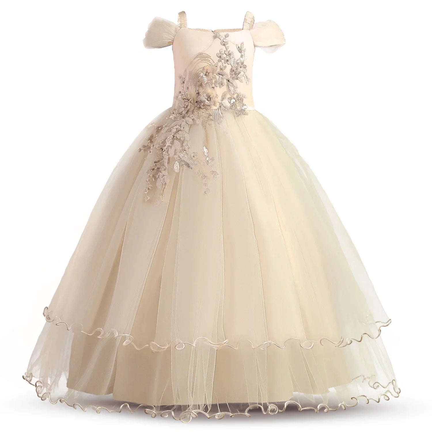 Radiant Royalty: Appliquéd Flower Princess Gown