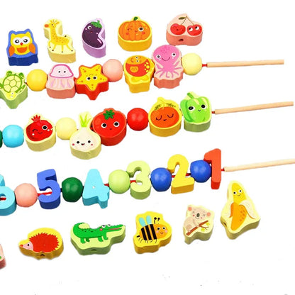 Wooden Toys Cartoon Fruit Animal Stringing Threading