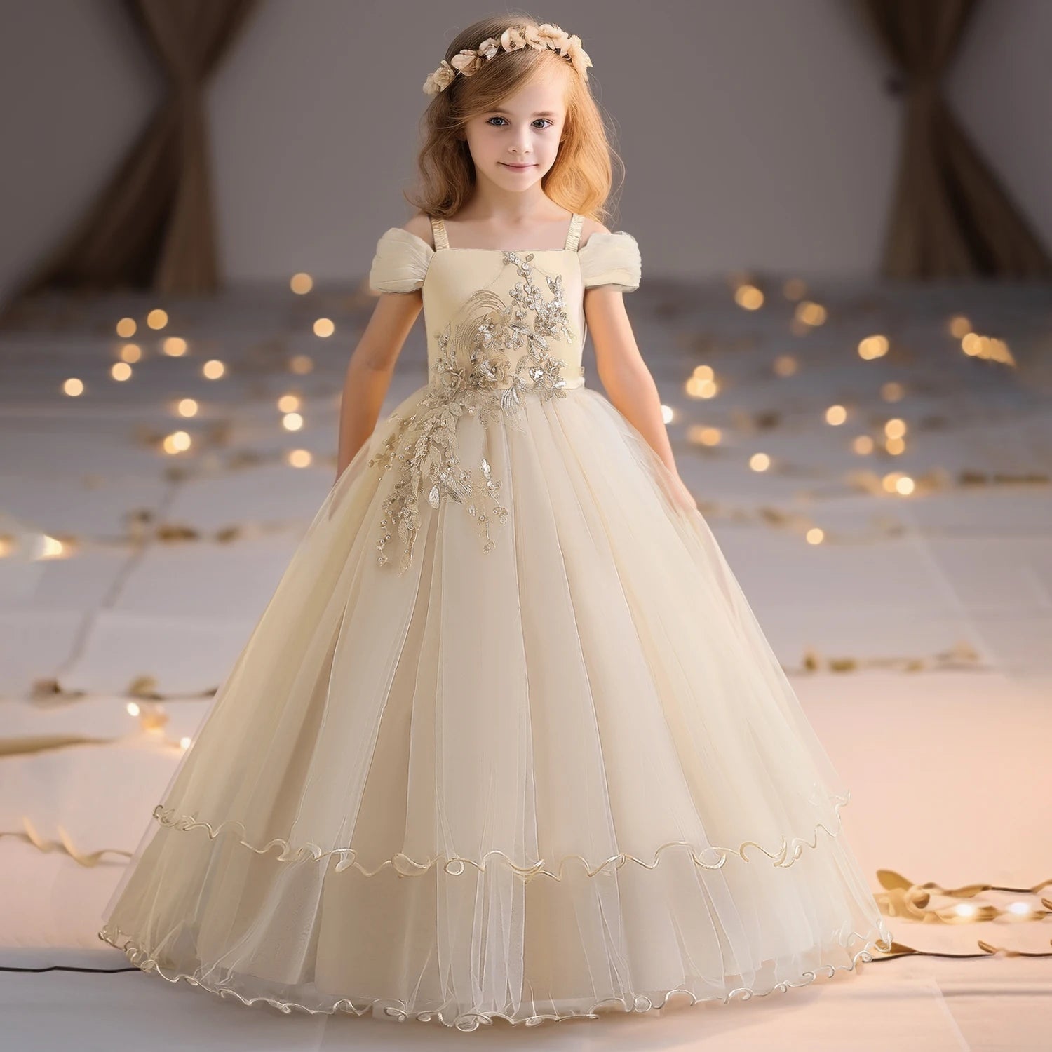 Radiant Royalty: Appliquéd Flower Princess Gown