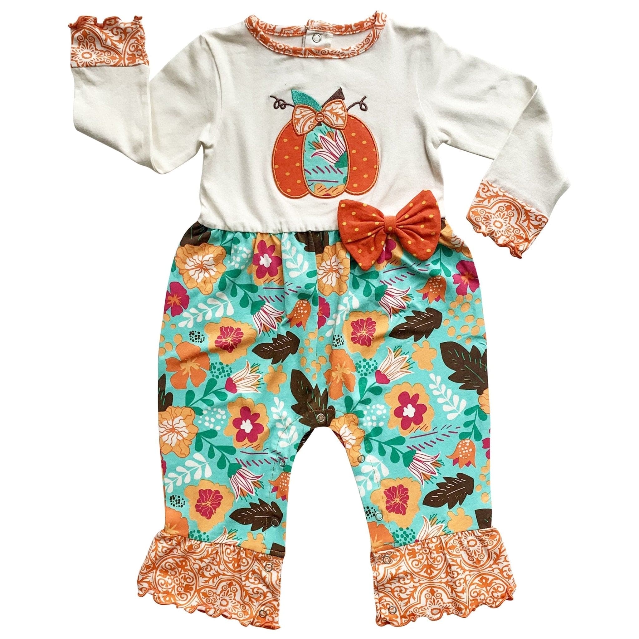 AnnLoren Baby Toddler Girls Thanksgiving Autumn Orange Pumpkin Romper - The Little Big Store