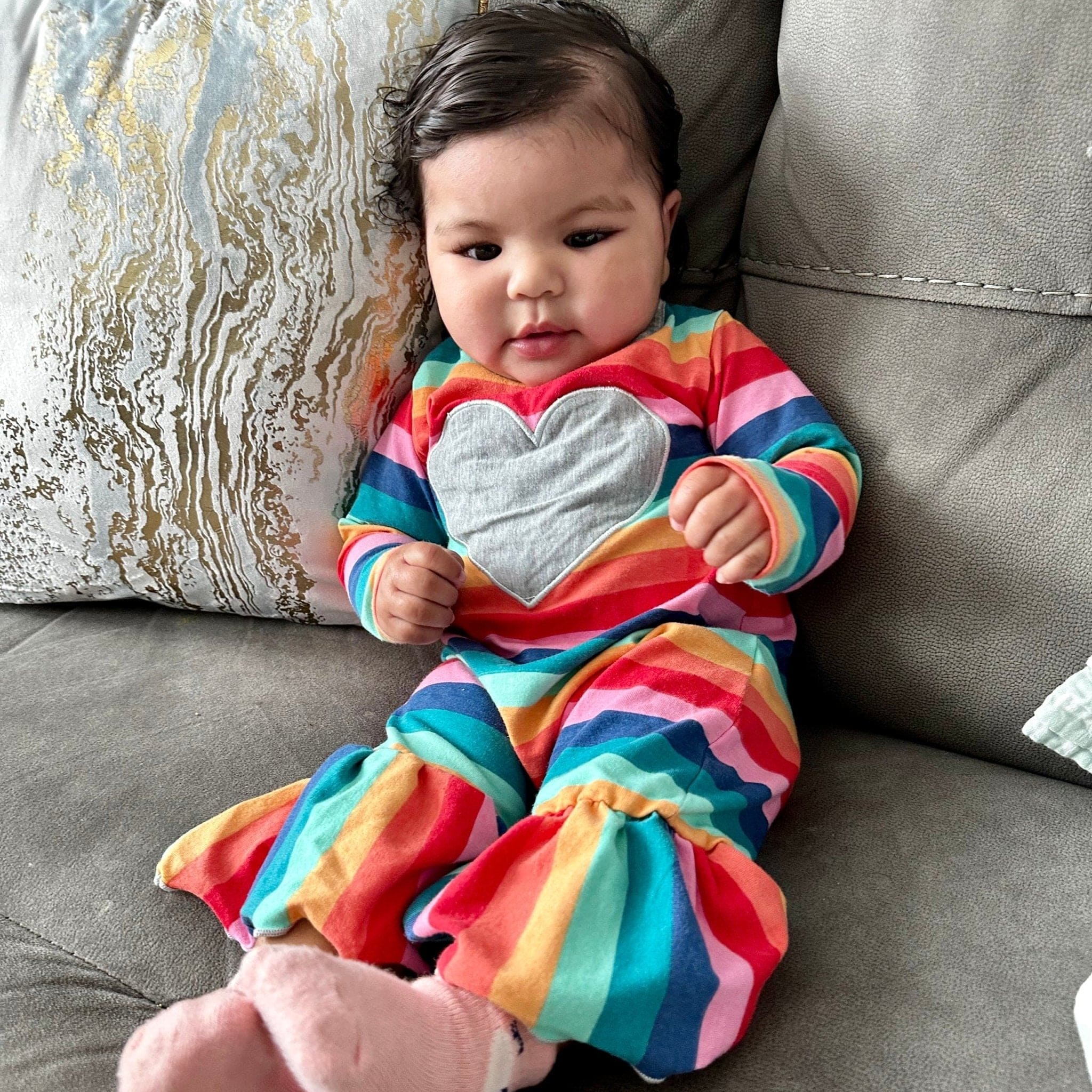 AnnLoren Girls Long Sleeve Rainbow Hearts Baby Toddler Romper One - The Little Big Store