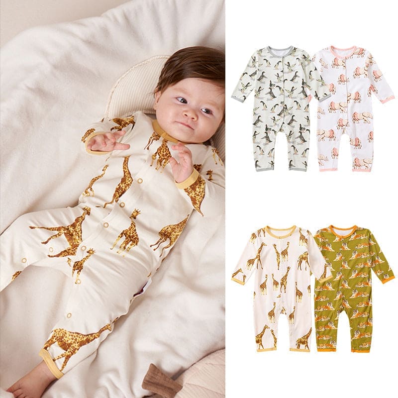 Baby Animal Print Pattern Full Button Design Cotton Romper - The Little Big Store