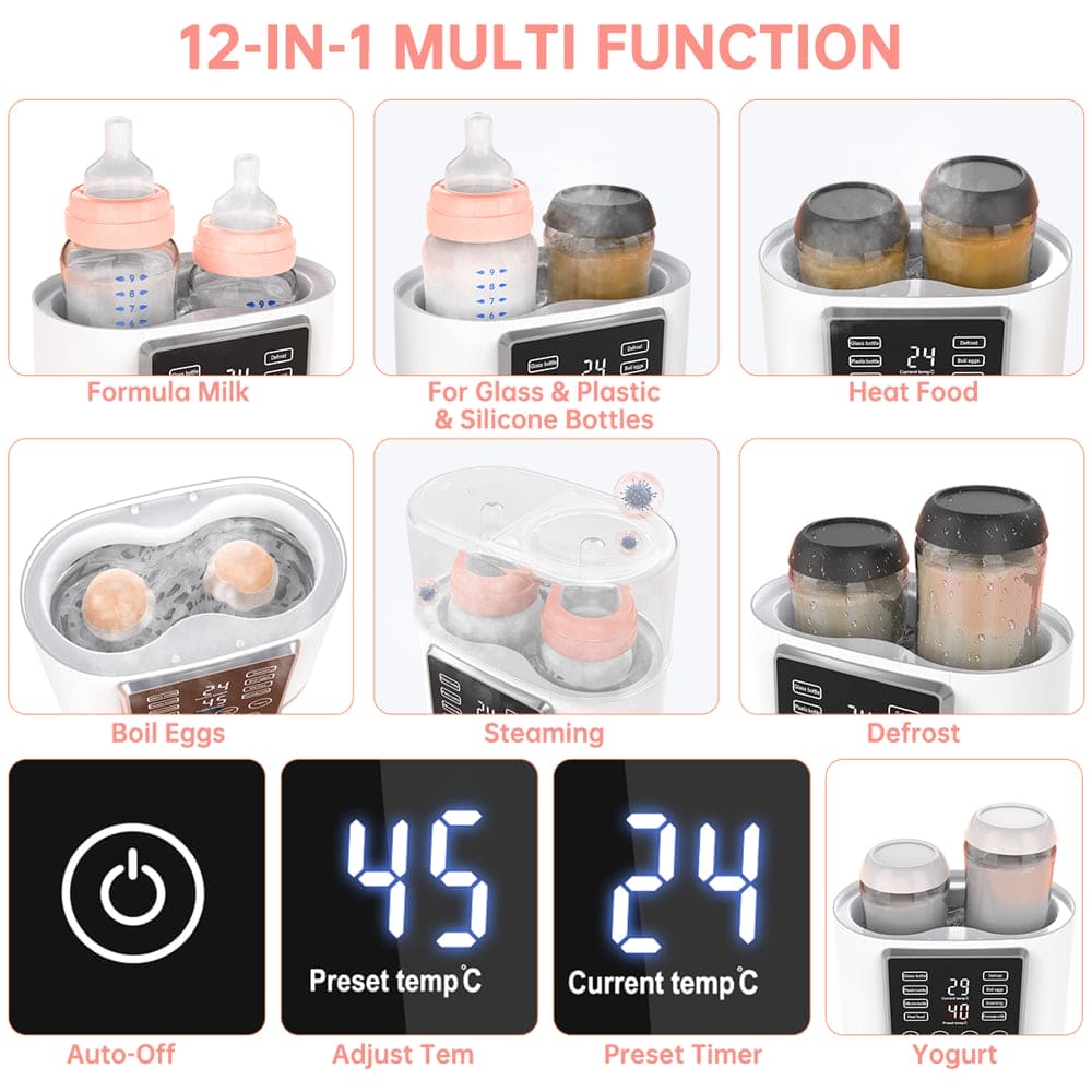 Baby Bottle Warmer, 12-In-1 Babies Fast Bottle Milk Warmer, Double Food Heater Defrost Bpa-Free with Twins, LCD Display, Timer & 24H Temperature Control for Breastmilk & Formula - The Little Big Store