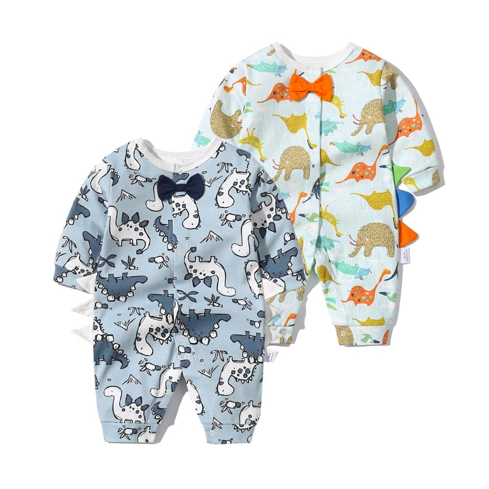 Baby Boy Dinosaur Pattern Bow Tie Patched Design Snap Button Romper Ju - The Little Big Store