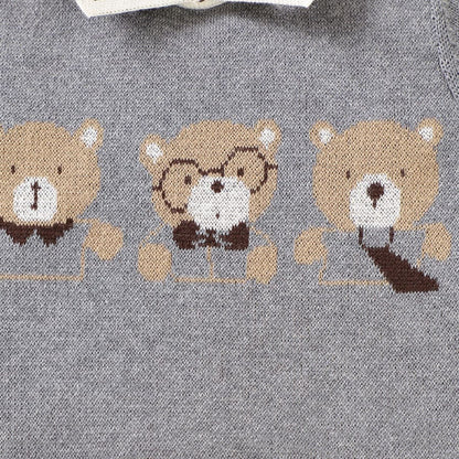 Baby Cartoon Bear Pattern Lapel Design Knitted Romper - The Little Big Store