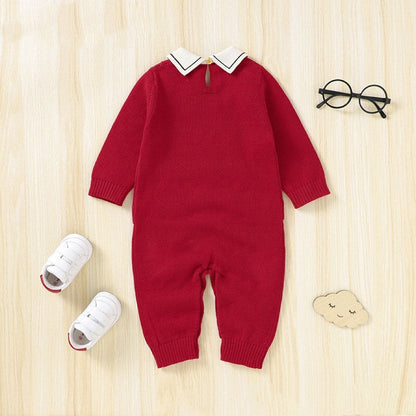 Baby Cartoon Bear Pattern Lapel Design Knitted Romper - The Little Big Store