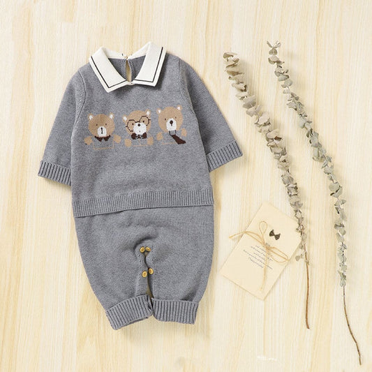 Baby Cartoon Bear Pattern Lapel Design Knitted Romper - The Little Big Store