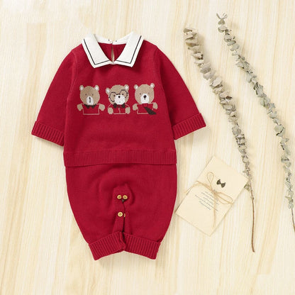 Baby Cartoon Bear Pattern Lapel Design Knitted Romper - The Little Big Store