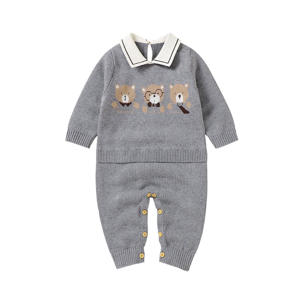 Baby Cartoon Bear Pattern Lapel Design Knitted Romper - The Little Big Store