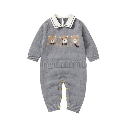 Baby Cartoon Bear Pattern Lapel Design Knitted Romper - The Little Big Store