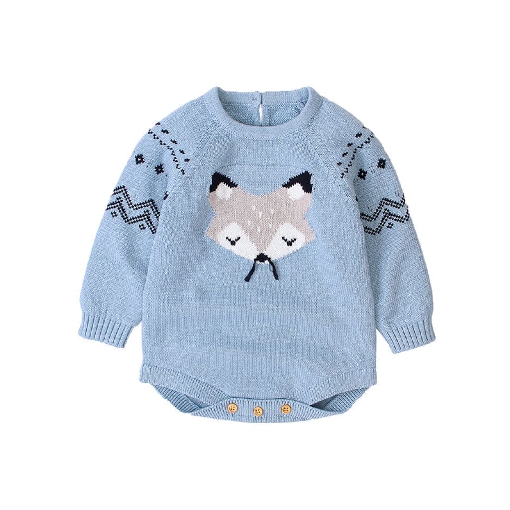 Baby Cartoon Fox Graphic Long Sleeves Triangle Knitted Romper Jumpsuit - The Little Big Store