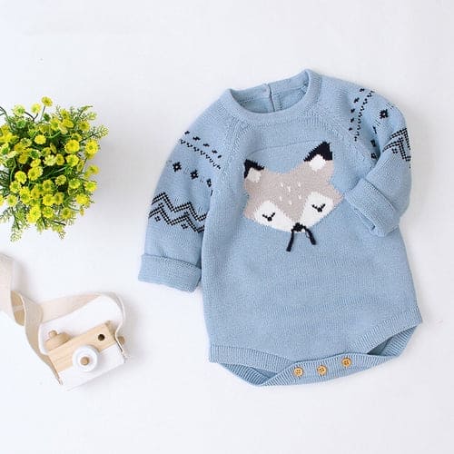 Baby Cartoon Fox Graphic Long Sleeves Triangle Knitted Romper Jumpsuit - The Little Big Store