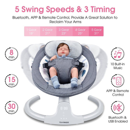 Baby Swing for Infants - APP Remote Bluetooth Control, 5 Speed Settings, 10 Lullabies, USB Plug (Blue) - The Little Big Store