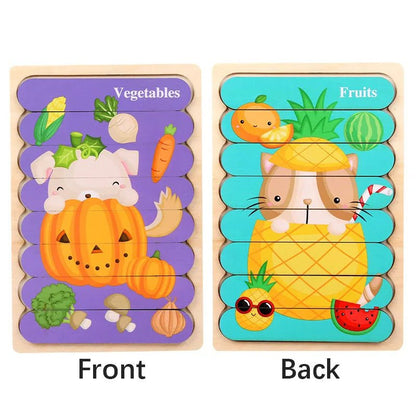 Cartoon Animal Double-sided Strip Wooden Puzzles Kids Montessori Jigsaw Game Baby Educational Toys for Children - The Little Big Store