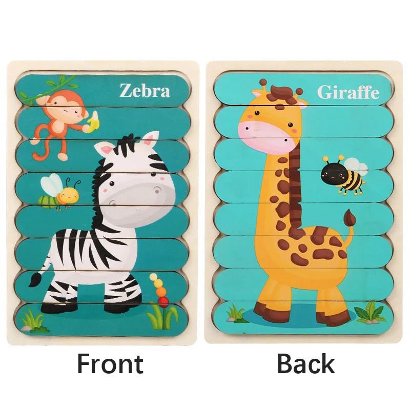 Cartoon Animal Double-sided Strip Wooden Puzzles Kids Montessori Jigsaw Game Baby Educational Toys for Children - The Little Big Store