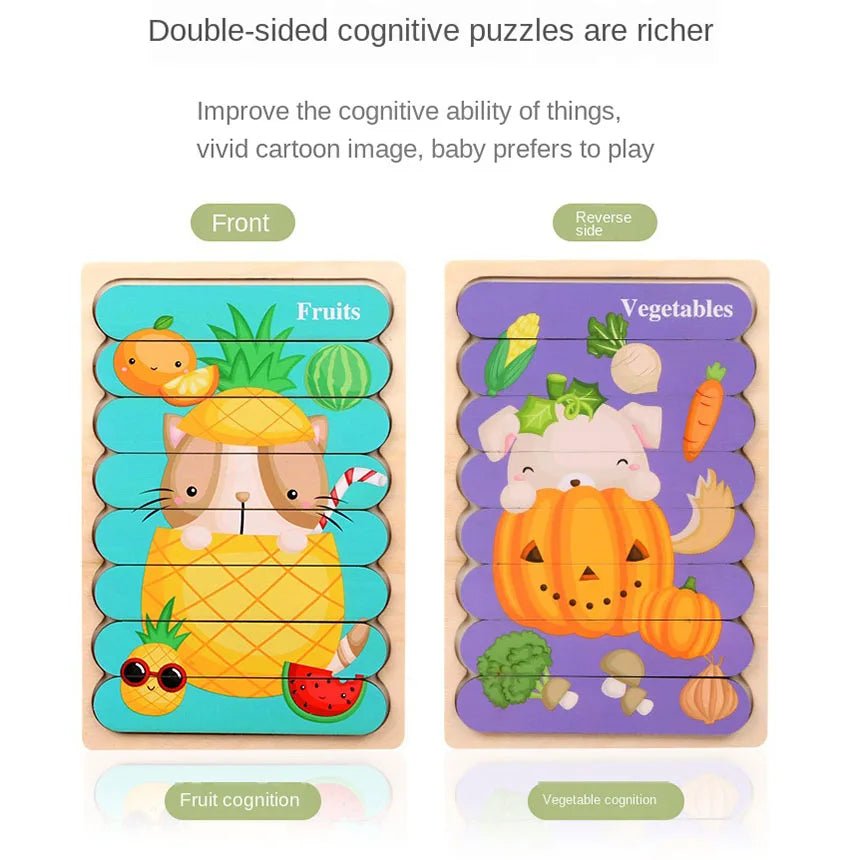 Cartoon Animal Double-sided Strip Wooden Puzzles Kids Montessori Jigsaw Game Baby Educational Toys for Children - The Little Big Store