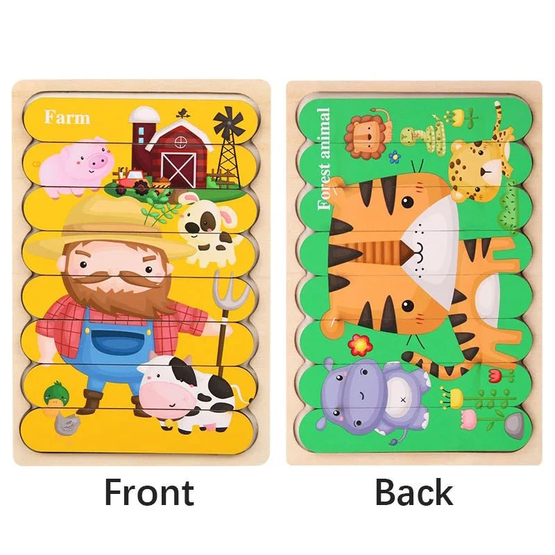 Cartoon Animal Double-sided Strip Wooden Puzzles Kids Montessori Jigsaw Game Baby Educational Toys for Children - The Little Big Store