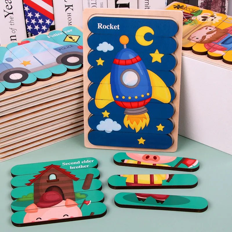 Cartoon Animal Double-sided Strip Wooden Puzzles Kids Montessori Jigsaw Game Baby Educational Toys for Children - The Little Big Store