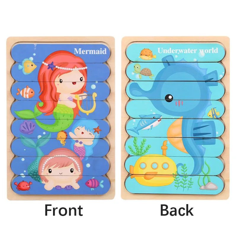 Cartoon Animal Double-sided Strip Wooden Puzzles Kids Montessori Jigsaw Game Baby Educational Toys for Children - The Little Big Store