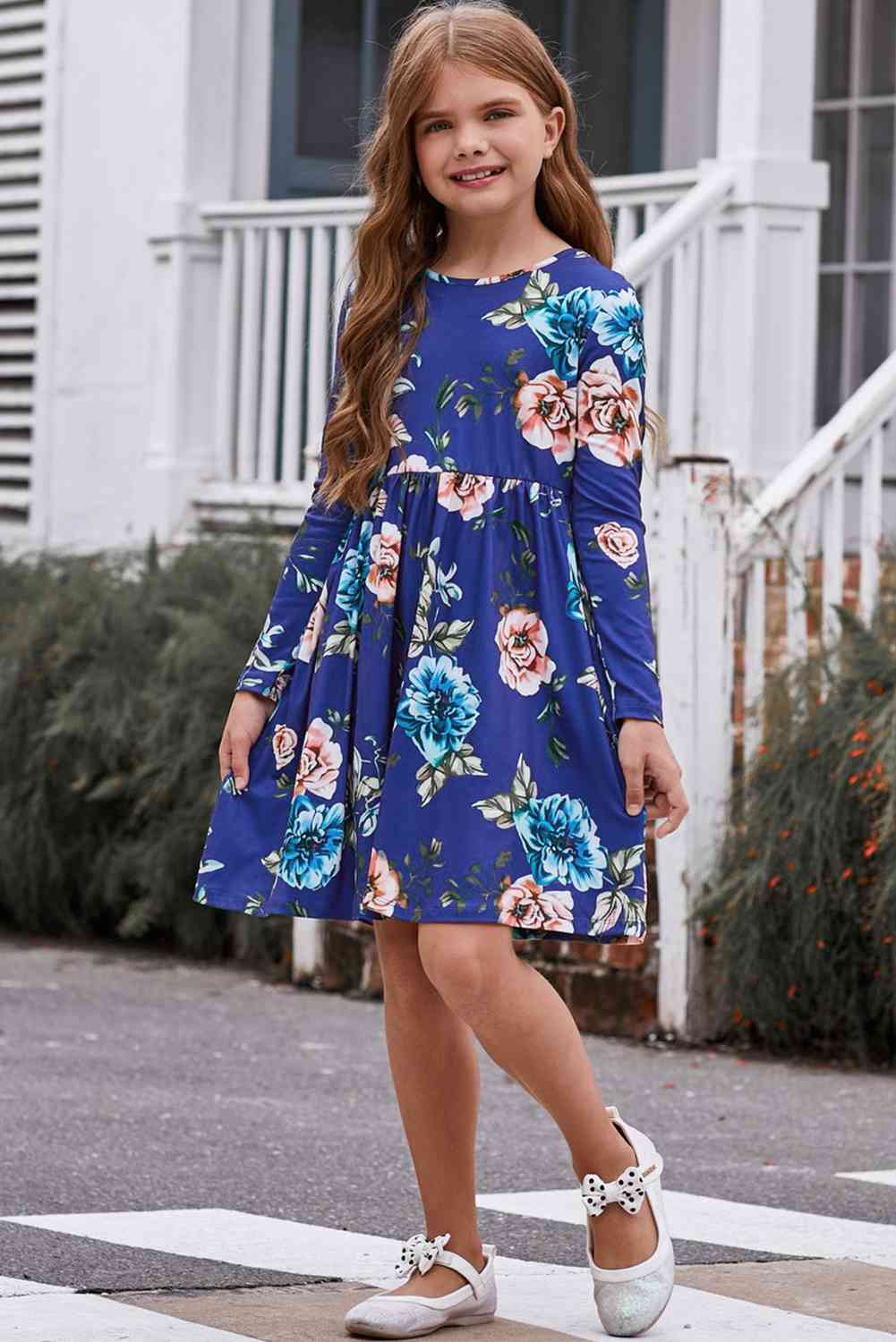 Girls Floral Long Sleeve Dress with Pockets - The Little Big Store