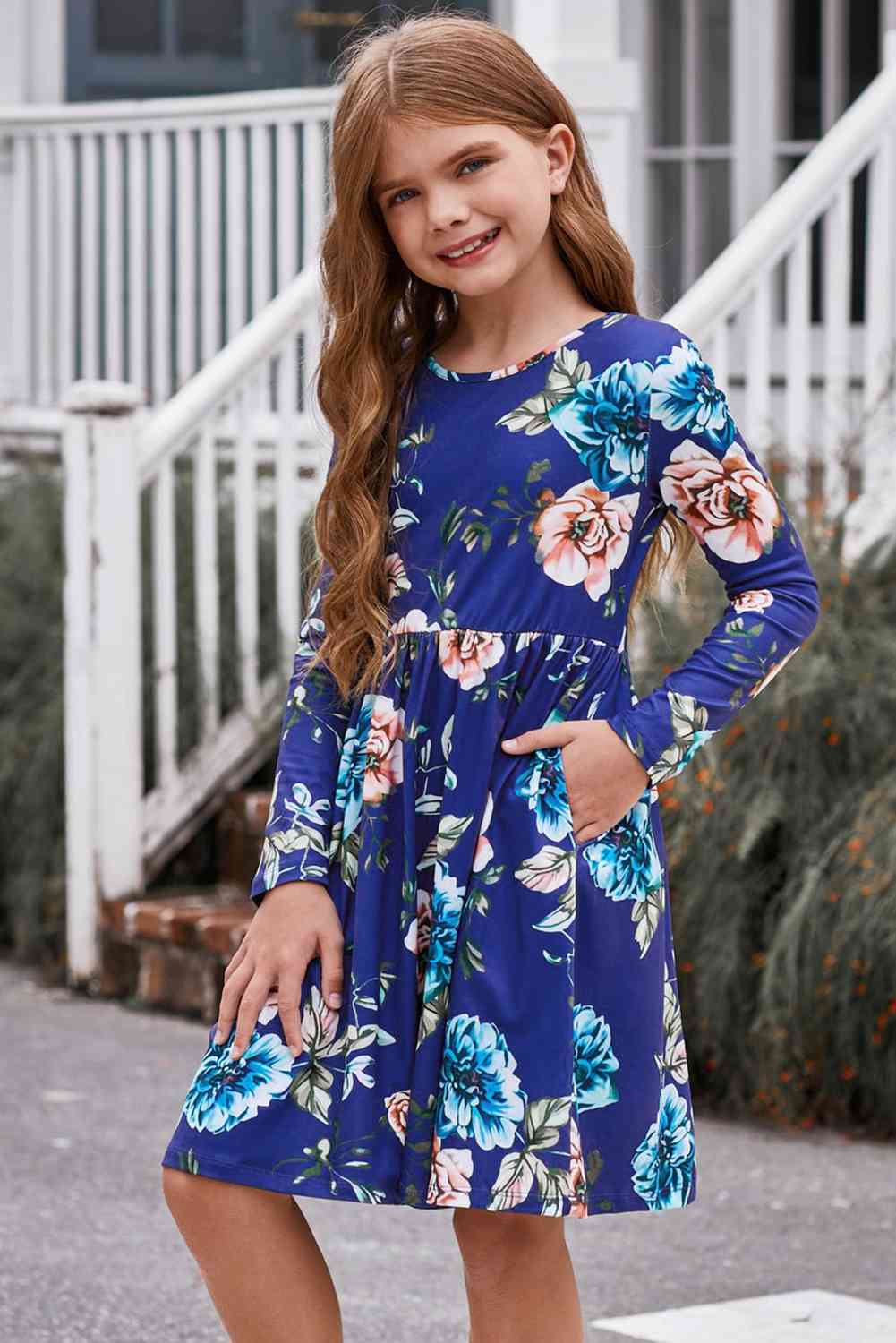 Girls Floral Long Sleeve Dress with Pockets - The Little Big Store