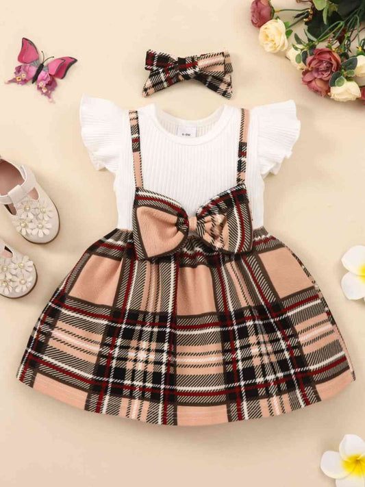 Girls Plaid Bow Detail Ribbed Dress - The Little Big Store