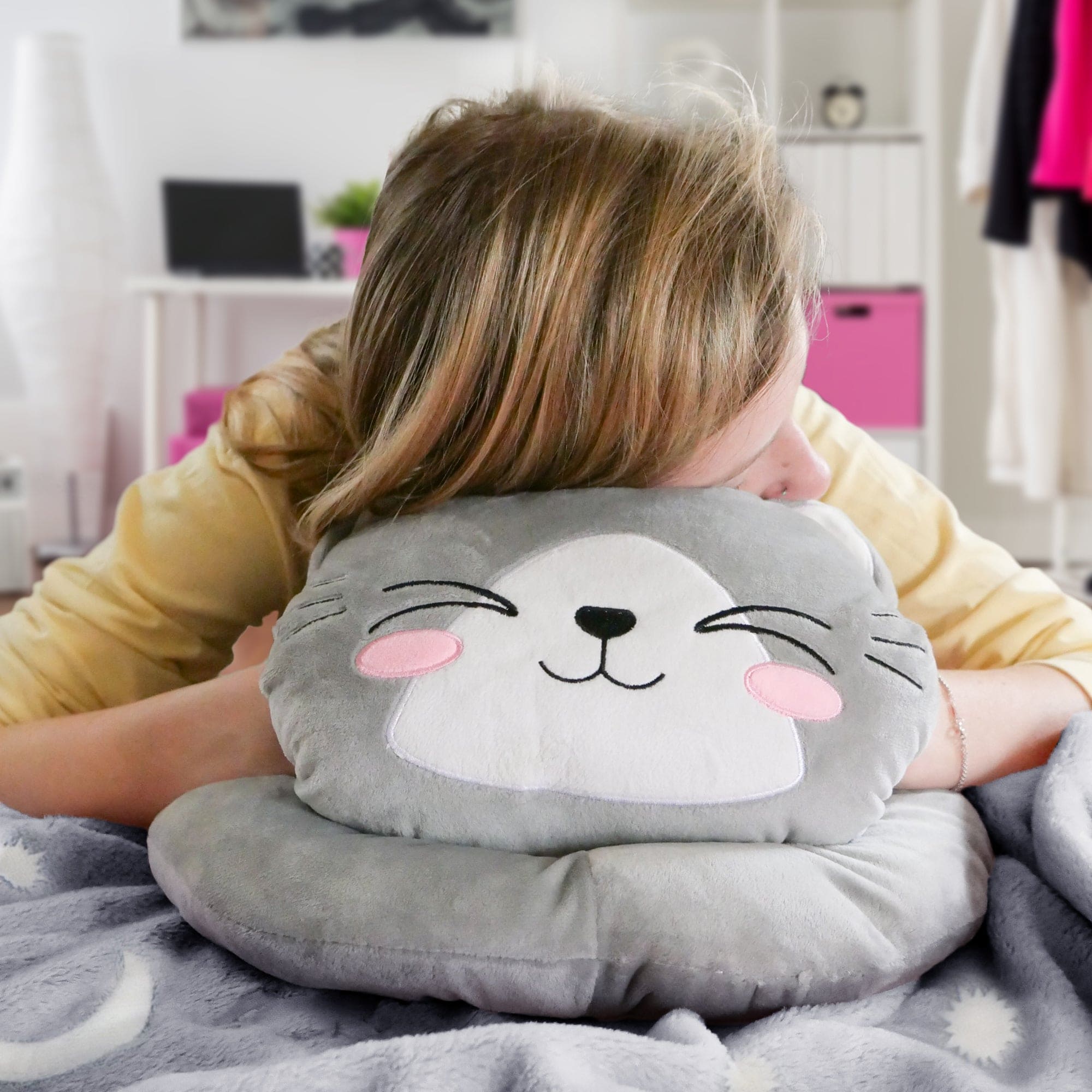 Glow in the dark Blanket, Moon Stars & Cat Neck Pillow-Gray - The Little Big Store