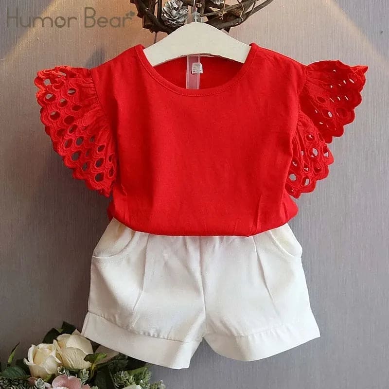 Humor Bear Girls Clothing Set New Summer Flower Hollow sleeve Tops +Shorts Kids Suits - The Little Big Store