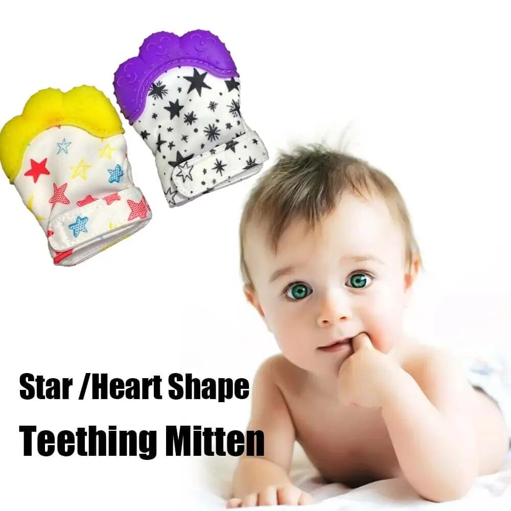 Keep Teething Troubles at Bay with our Heart & Star Print Silicone Teether Mitten! 🌟👶🦷 - The Little Big Store