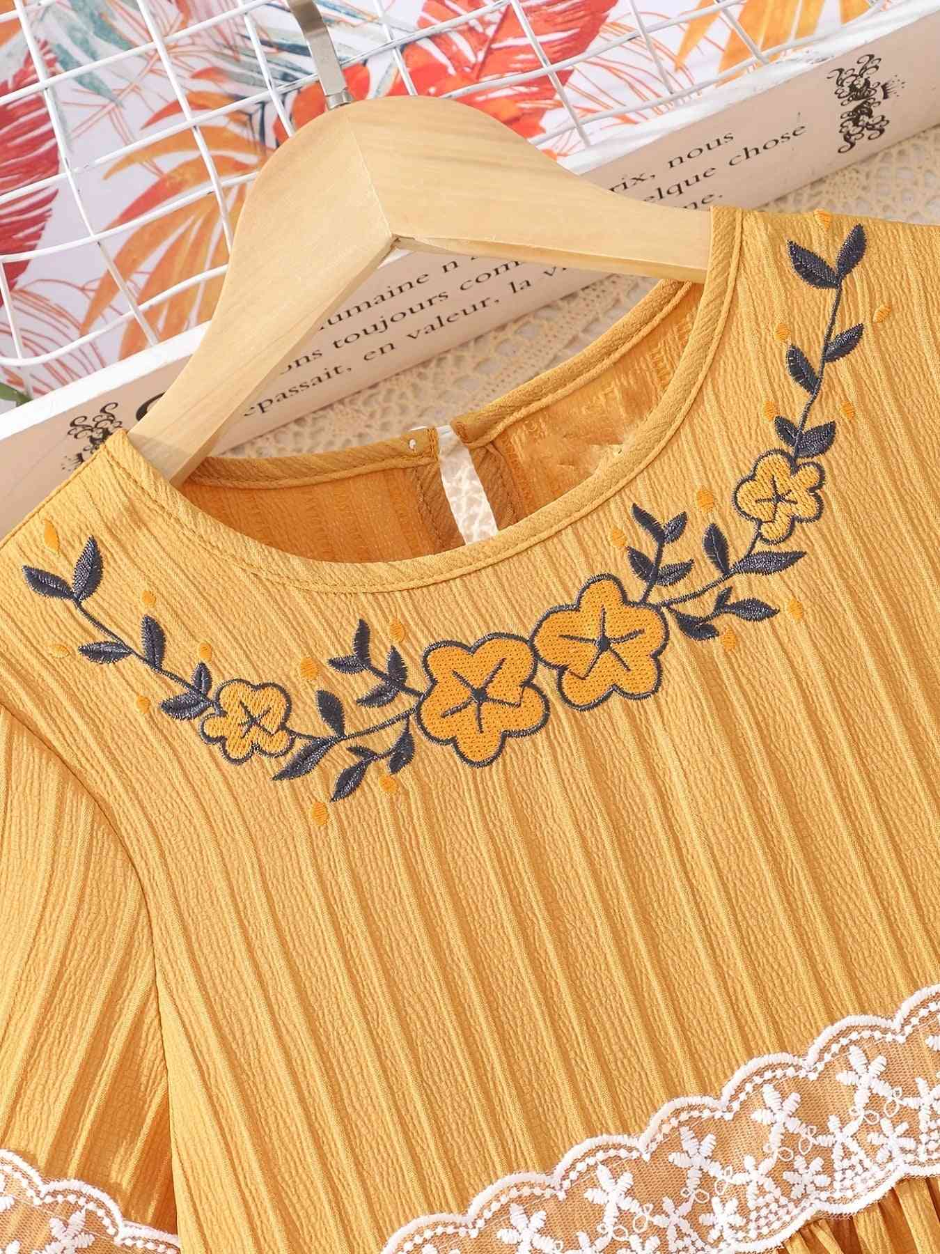 Lace Waistband Embroidery Round Neck Flounce Sleeve Dress - The Little Big Store