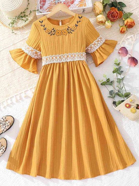 Lace Waistband Embroidery Round Neck Flounce Sleeve Dress - The Little Big Store