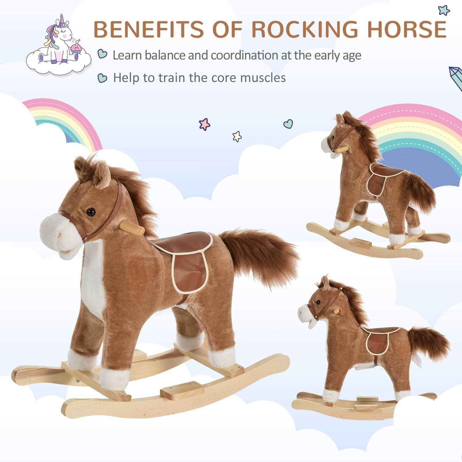 Qaba Rocking Horse Plush Animal on Wooden Rockers, Baby Rocking Chair with Sounds, Moving Mouth, Wagging Tail, Brown - The Little Big Store